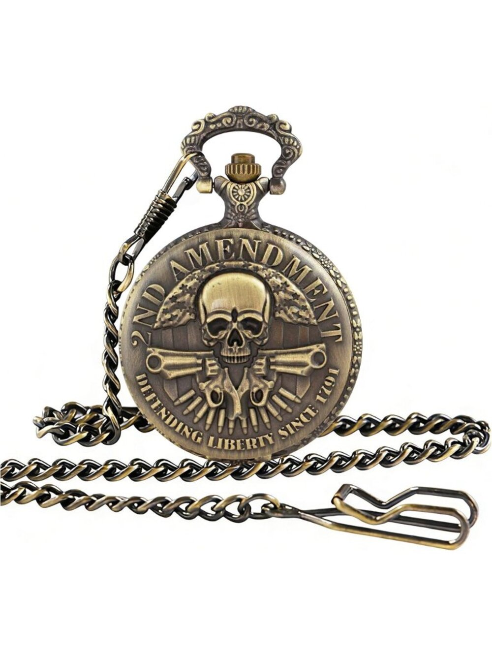 Men's Brown Analog Quartz Arabic Numerals Engraved Skull Vintage Pocket Watch